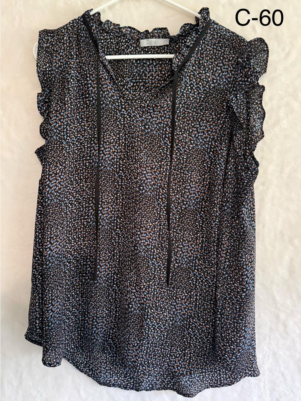 Dalia Black Ruffle Cap Sleeve Tie-Neck Blouse with Multicolor triangles